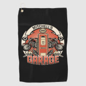 名前をカスタムするレトロガスポンプ自動二輪車バイクもしくは自転車に乗る人車庫 ゴルフタオル (正面)