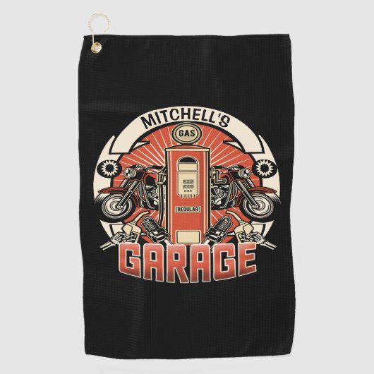 名前をカスタムするレトロガスポンプ自動二輪車バイクもしくは自転車に乗る人車庫 ゴルフタオル (正面)
