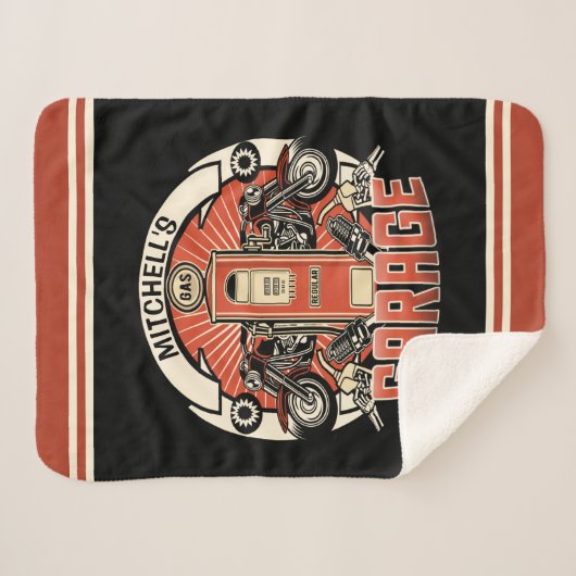 名前をカスタムするレトロガスポンプ自動二輪車バイクもしくは自転車に乗る人車庫 シェルパブランケット (正面(横))