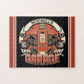 名前をカスタムするレトロガスポンプ自動二輪車バイクもしくは自転車に乗る人車庫 ジグソーパズル (横)