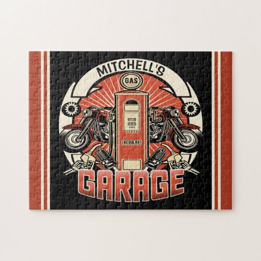 名前をカスタムするレトロガスポンプ自動二輪車バイクもしくは自転車に乗る人車庫 ジグソーパズル (横)