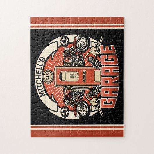 名前をカスタムするレトロガスポンプ自動二輪車バイクもしくは自転車に乗る人車庫 ジグソーパズル (縦)