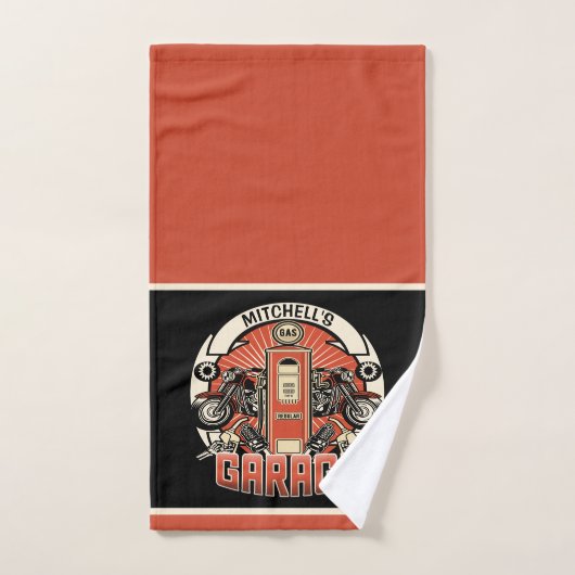 名前をカスタムするレトロガスポンプ自動二輪車バイクもしくは自転車に乗る人車庫 バスタオルセット (ハンドタオル)
