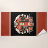 名前をカスタムするレトロガスポンプ自動二輪車バイクもしくは自転車に乗る人車庫 ビーチタオル (正面)