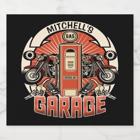 名前をカスタムするレトロガスポンプ自動二輪車バイクもしくは自転車に乗る人車庫 ビールラベル (シングルラベル)