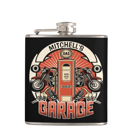 名前をカスタムするレトロガスポンプ自動二輪車バイクもしくは自転車に乗る人車庫 フラスク (正面)