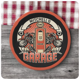 名前をカスタムするレトロガスポンプ自動二輪車バイクもしくは自転車に乗る人車庫 ペーパープレート