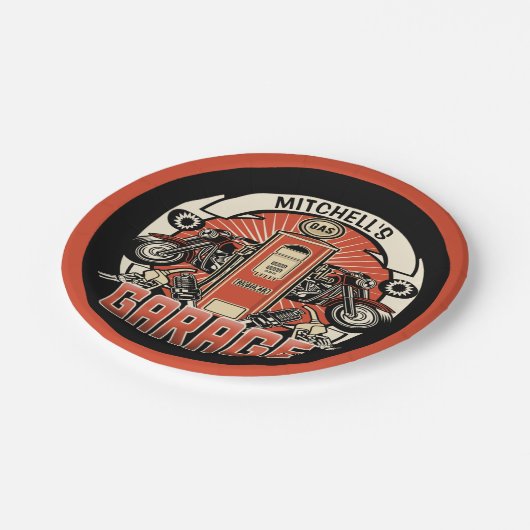 名前をカスタムするレトロガスポンプ自動二輪車バイクもしくは自転車に乗る人車庫 ペーパープレート (アングル)