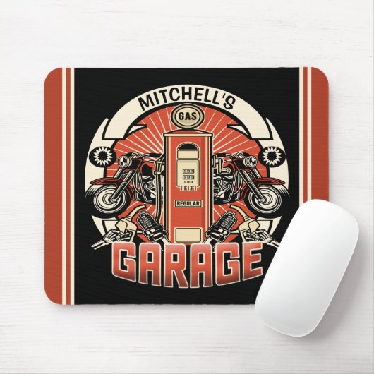 名前をカスタムするレトロガスポンプ自動二輪車バイクもしくは自転車に乗る人車庫 マウスパッド (マウス)