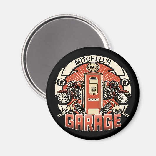 名前をカスタムするレトロガスポンプ自動二輪車バイクもしくは自転車に乗る人車庫 マグネット (正面/裏面)
