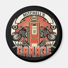 名前をカスタムするレトロガスポンプ自動二輪車バイクもしくは自転車に乗る人車庫 マグネット