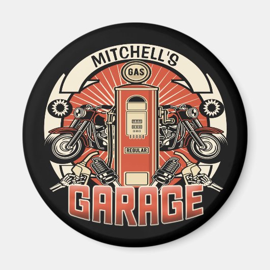 名前をカスタムするレトロガスポンプ自動二輪車バイクもしくは自転車に乗る人車庫 マグネット (正面)