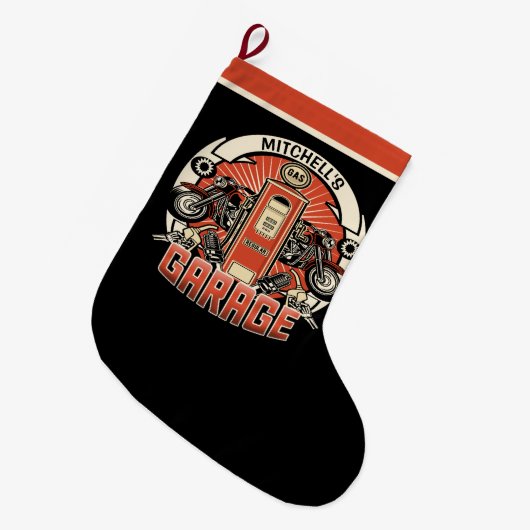 名前をカスタムするレトロガスポンプ自動二輪車バイクもしくは自転車に乗る人車庫 ラージクリスマスストッキング (正面 (吊り時))