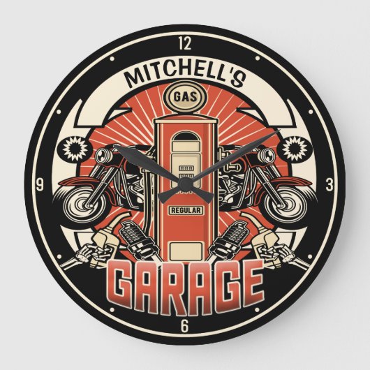 名前をカスタムするレトロガスポンプ自動二輪車バイクもしくは自転車に乗る人車庫 ラージ壁時計 (正面)