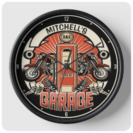 名前をカスタムするレトロガスポンプ自動二輪車バイクもしくは自転車に乗る人車庫 ラージ壁時計