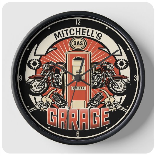 名前をカスタムするレトロガスポンプ自動二輪車バイクもしくは自転車に乗る人車庫 ラージ壁時計