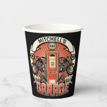 名前をカスタムするレトロガスポンプ自動二輪車バイクもしくは自転車に乗る人車庫