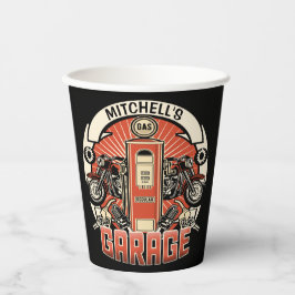 名前をカスタムするレトロガスポンプ自動二輪車バイクもしくは自転車に乗る人車庫 紙コップ