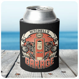名前をカスタムするレトロガスポンプ自動二輪車バイクもしくは自転車に乗る人車庫 缶クーラー