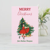 名前をカスタムするレトロクリスマスガールクリスマスツリーピンク シーズンカード (スタンド正面)