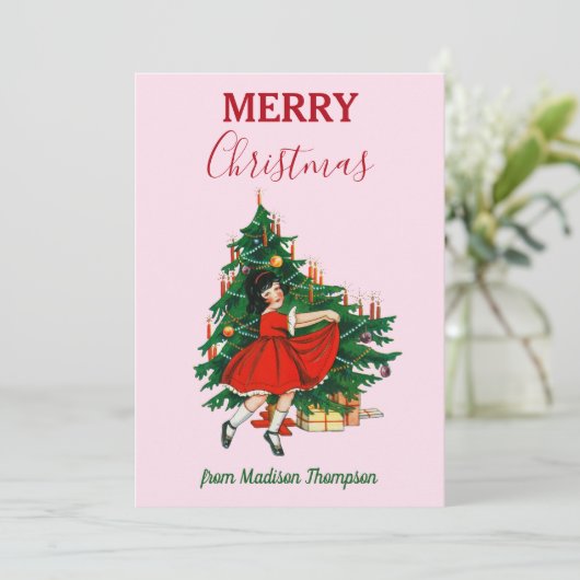 名前をカスタムするレトロクリスマスガールクリスマスツリーピンク シーズンカード (スタンド正面)