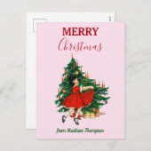 名前をカスタムするレトロクリスマスガールクリスマスツリーピンク シーズンポストカード (正面/裏面)