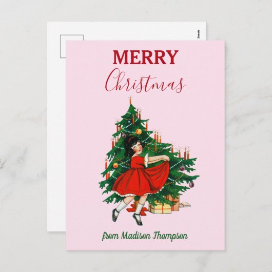 名前をカスタムするレトロクリスマスガールクリスマスツリーピンク シーズンポストカード (正面/裏面)