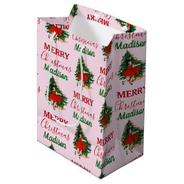 名前をカスタムするレトロクリスマスガールクリスマスツリーピンク ミディアムペーパーバッグ