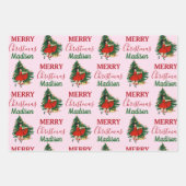 名前をカスタムするレトロクリスマスガールクリスマスツリーピンク ラッピングペーパーシート (正面)