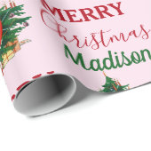 名前をカスタムするレトロクリスマスガールクリスマスツリーピンク ラッピングペーパー (ロールコーナー)