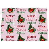 名前をカスタムするレトロクリスマスガールクリスマスツリーピンク ラージペーパーバッグ (正面)