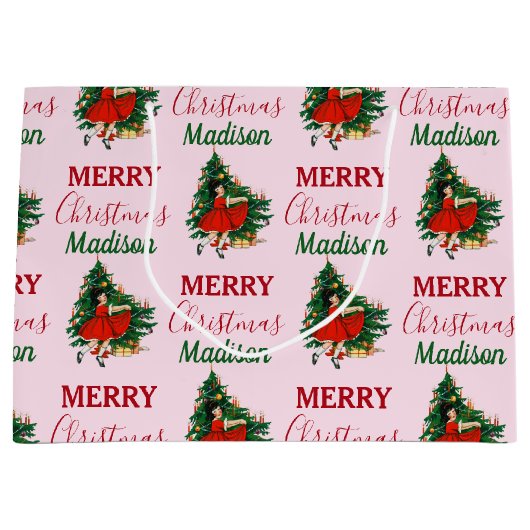 名前をカスタムするレトロクリスマスガールクリスマスツリーピンク ラージペーパーバッグ (正面)