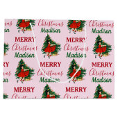 名前をカスタムするレトロクリスマスガールクリスマスツリーピンク ラージペーパーバッグ (裏面)