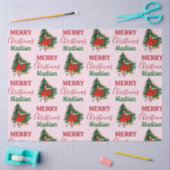 名前をカスタムするレトロクリスマスガールクリスマスツリーピンク 薄葉紙 (クラフト)