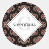 名前をカスタムするレトロサファリサンセットボヘミアンマンダラ ラウンドシール (正面)