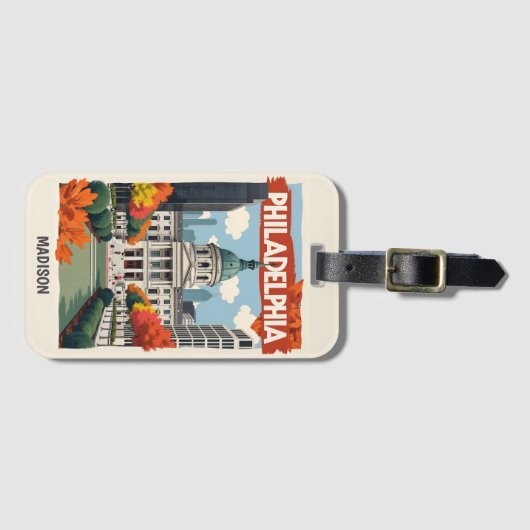 名前をカスタムするレトロフィラデルフィア ラゲッジタグ (正面横)