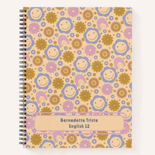 名前をカスタムするレトロヴィンテージワイルドフラワーフローラデイジー ノートブック (正面)