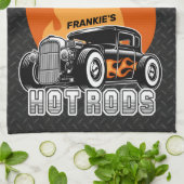 名前をカスタムするレトロ改造クーペレーシングホットフレイムス キッチンタオル (折り畳み)