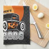 名前をカスタムするレトロ改造クーペレーシングホットフレイムス キッチンタオル (四つ折り)