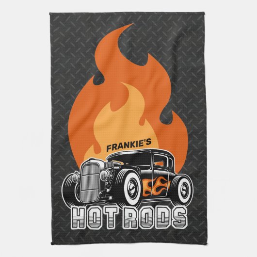 名前をカスタムするレトロ改造クーペレーシングホットフレイムス キッチンタオル (縦)