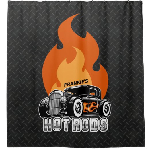 名前をカスタムするレトロ改造クーペレーシングホットフレイムス シャワーカーテン (正面)