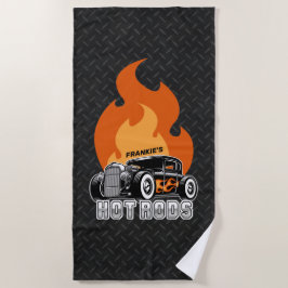 名前をカスタムするレトロ改造クーペレーシングホットフレイムス ビーチタオル