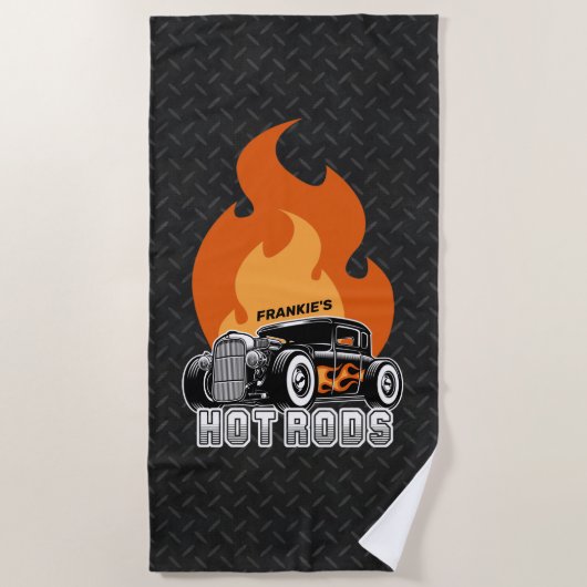 名前をカスタムするレトロ改造クーペレーシングホットフレイムス ビーチタオル (正面)