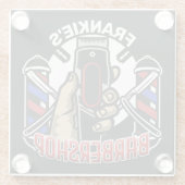 名前をカスタムするレトロ理容師ショップポールバーバーショップ ガラスコースター (裏面)