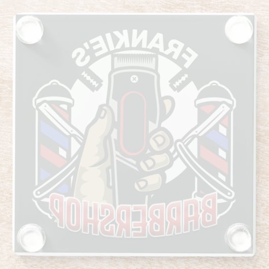 名前をカスタムするレトロ理容師ショップポールバーバーショップ ガラスコースター (裏面)