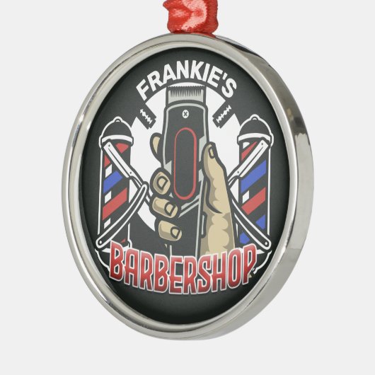 名前をカスタムするレトロ理容師ショップポールバーバーショップ メタルオーナメント (左)