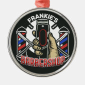 名前をカスタムするレトロ理容師ショップポールバーバーショップ メタルオーナメント (正面)