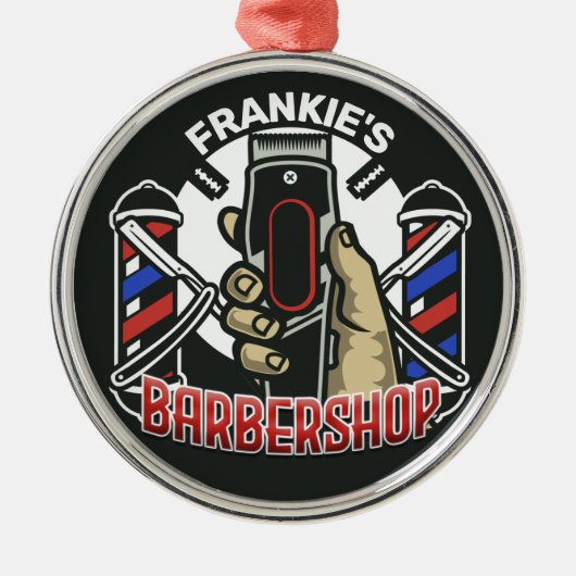 名前をカスタムするレトロ理容師ショップポールバーバーショップ メタルオーナメント (正面)