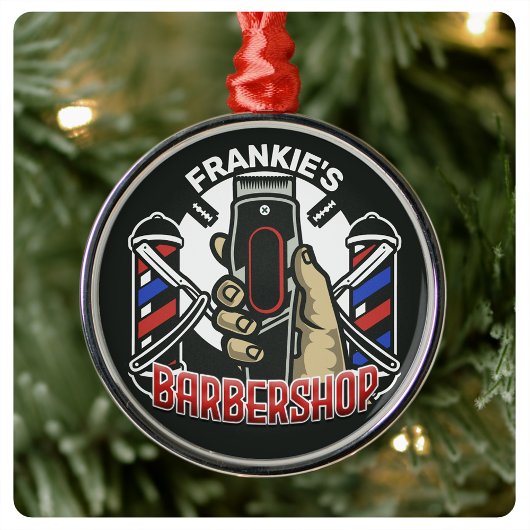 名前をカスタムするレトロ理容師ショップポールバーバーショップ メタルオーナメント