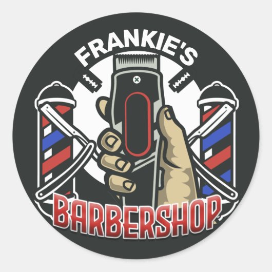 名前をカスタムするレトロ理容師ショップポールバーバーショップ ラウンドシール (正面)